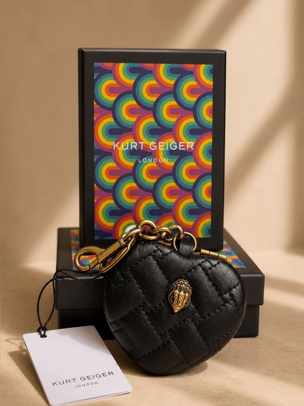 Kurt Geiger Black Quilted Heart Bag Charm & Compact Mirror with Gold Hardware